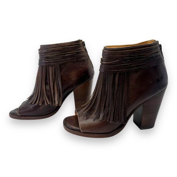 Bed Stu Onset Olivia Women’s Size 7.5 Peep Toe Fringe Booties Brown Leather Heel - Picture 8 of 11